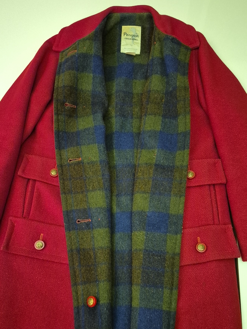 Vintage M. Liman Co. Penguin Red Pea Coat with Plaid Wool Lining